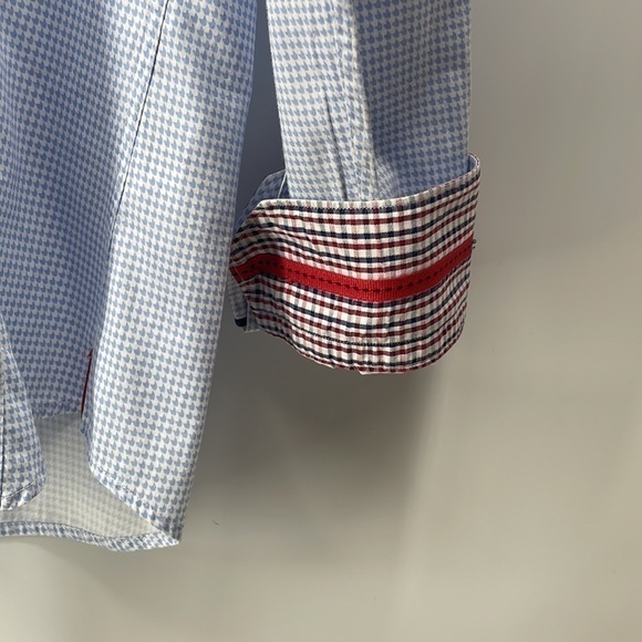7 Downie St button down shirt houndstooth blue white flip cuff business career L - Picture 7 of 10